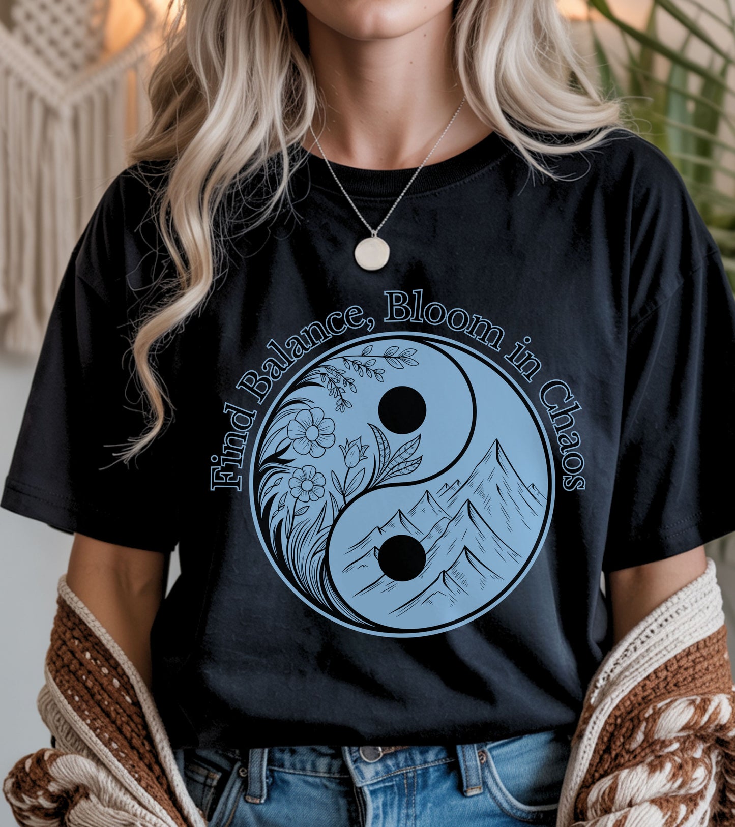 Find balance bloom in chaos t-shirt.