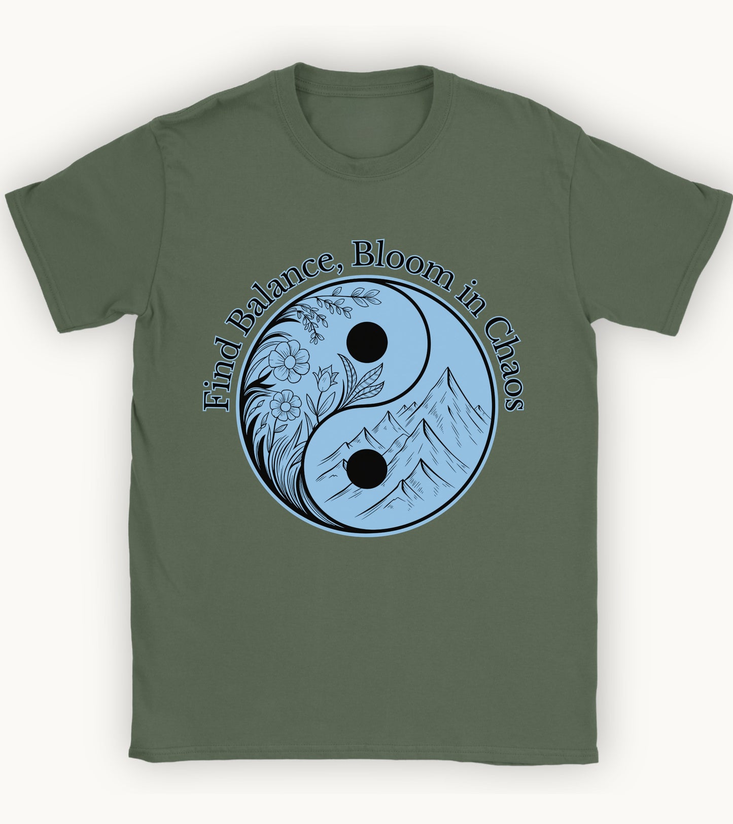 Find balance bloom in chaos t-shirt.
