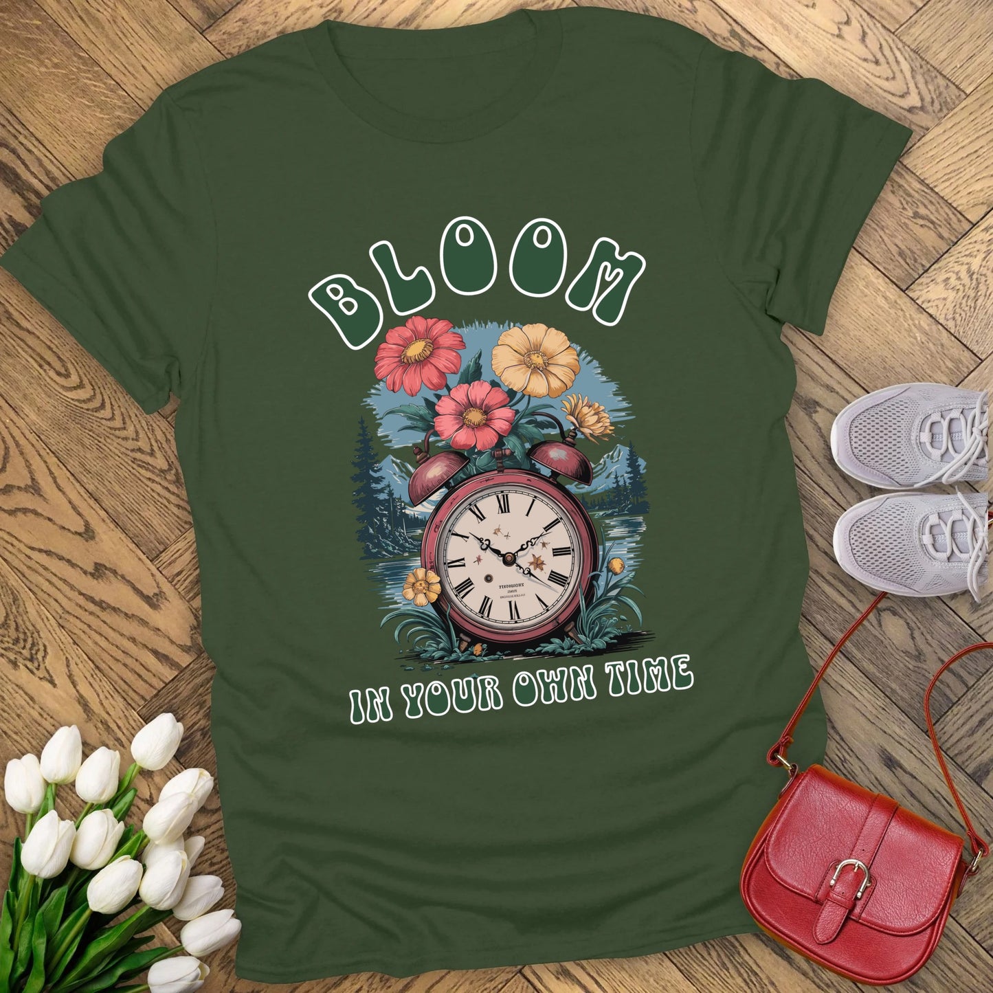 Bloom in your own time t-shirt.