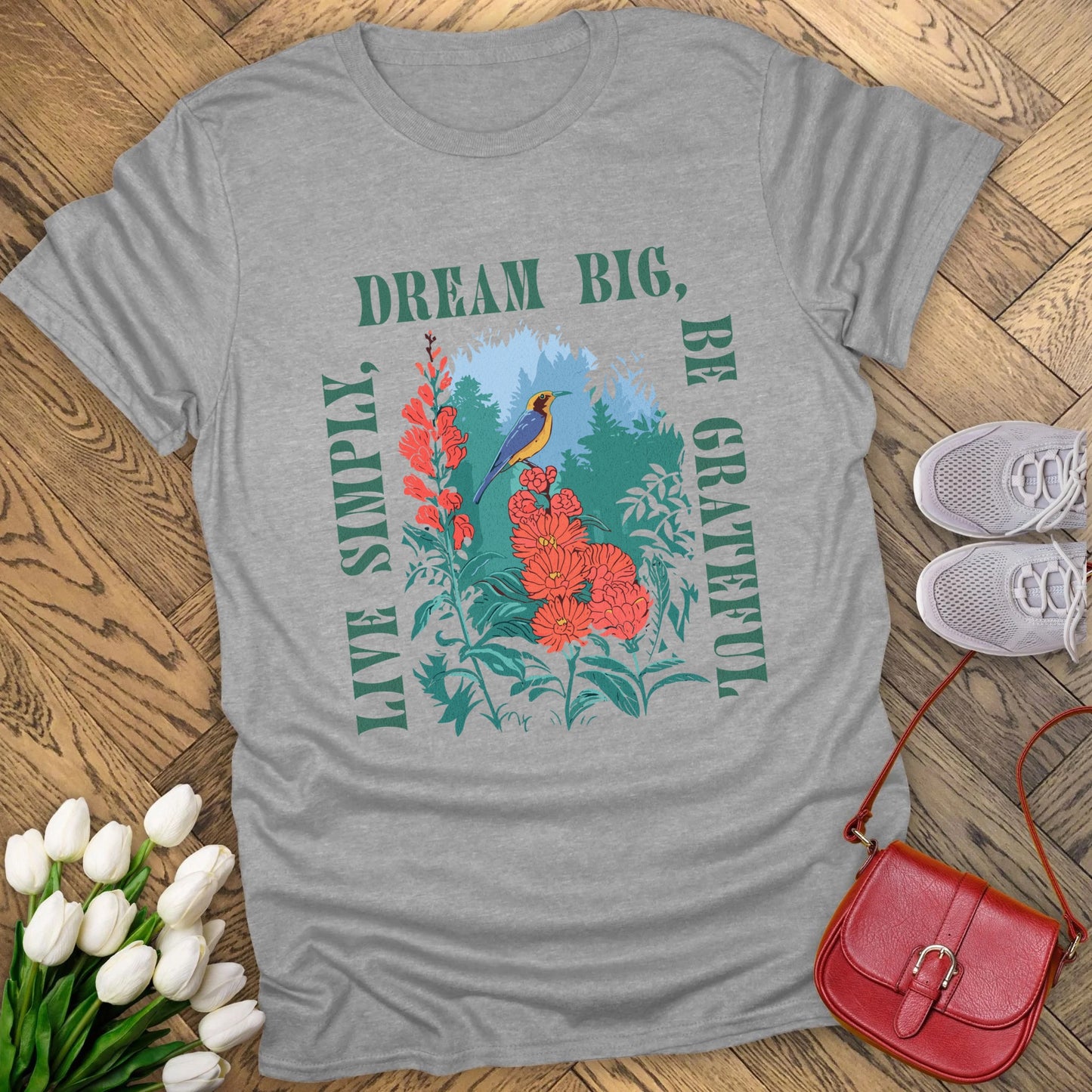 Live simply, dream big, be grateful t-shirt.
