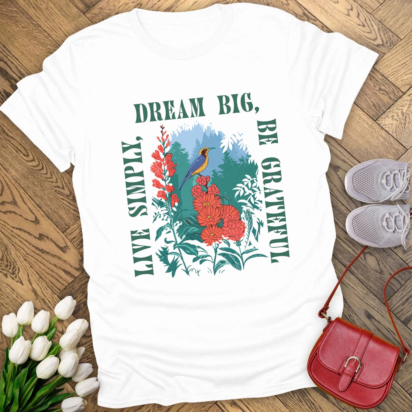 Live simply, dream big, be grateful t-shirt.