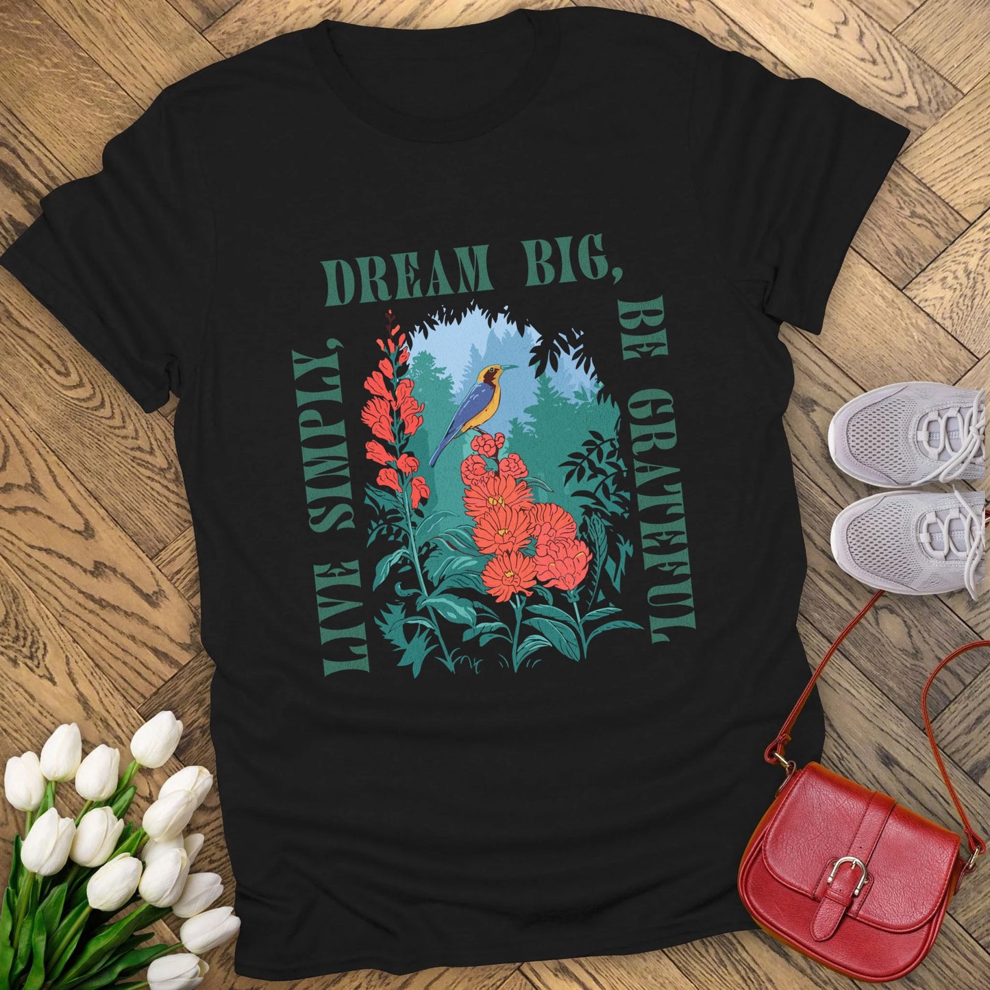 Live simply, dream big, be grateful t-shirt.