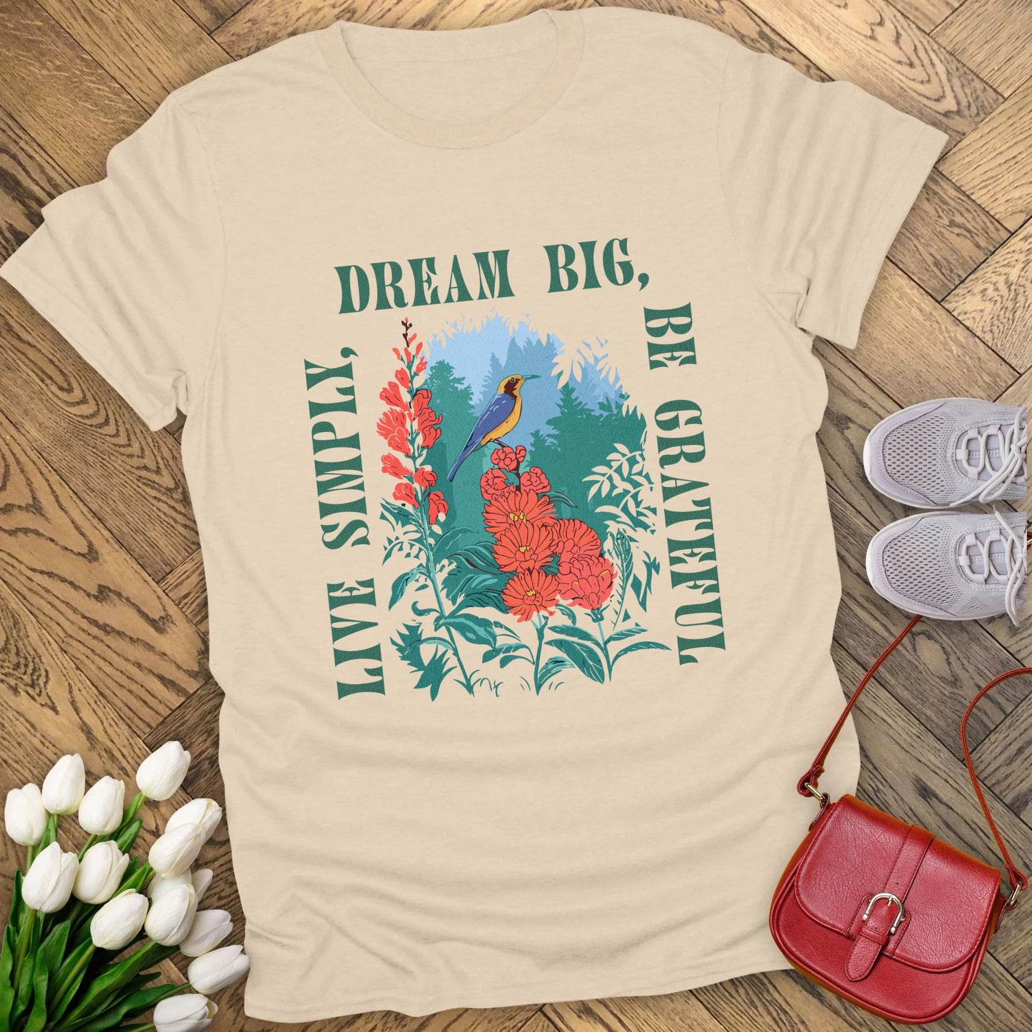 Live simply, dream big, be grateful t-shirt.