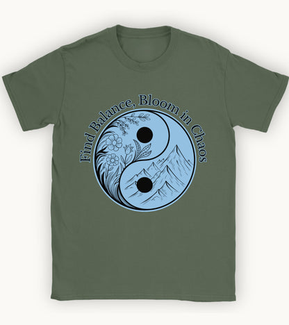 Find balance bloom in chaos t-shirt.