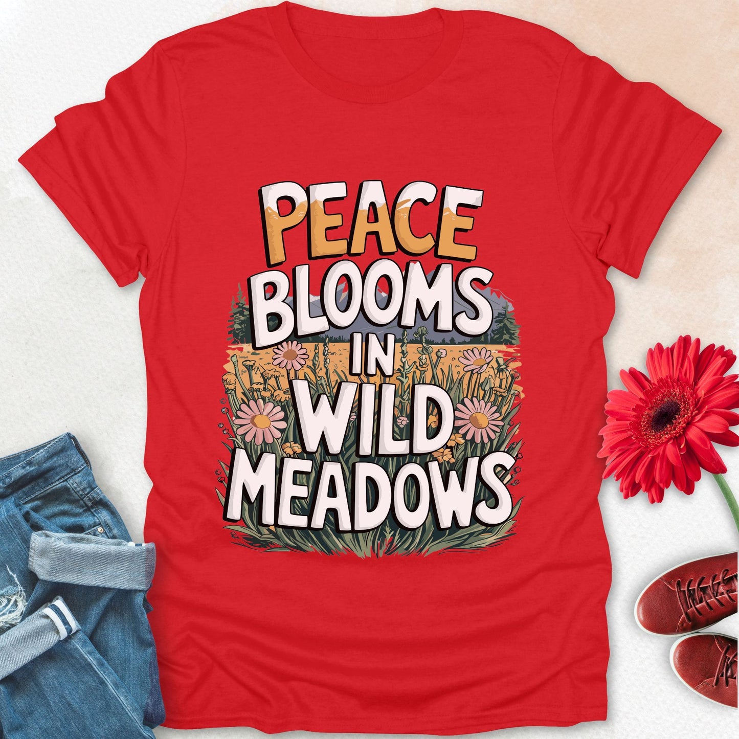 Peace blooms in a wild meadows t-shirt.