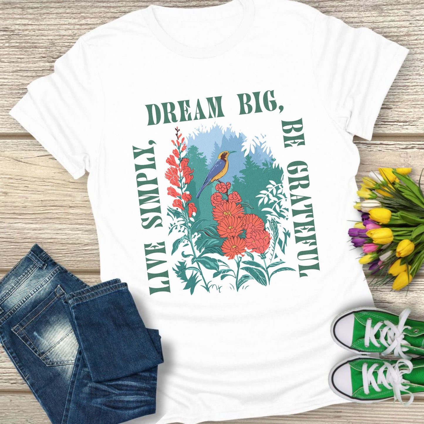 Motivational floral t-shirt.