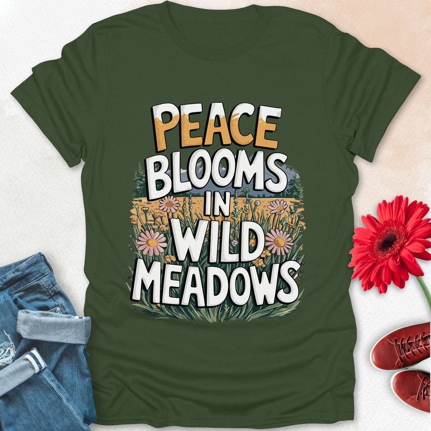 Peace blooms in a wild meadows t-shirt.