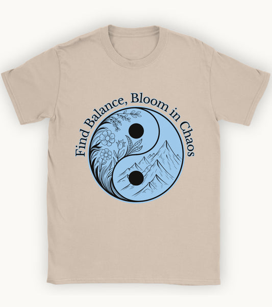 Find balance bloom in chaos t-shirt.