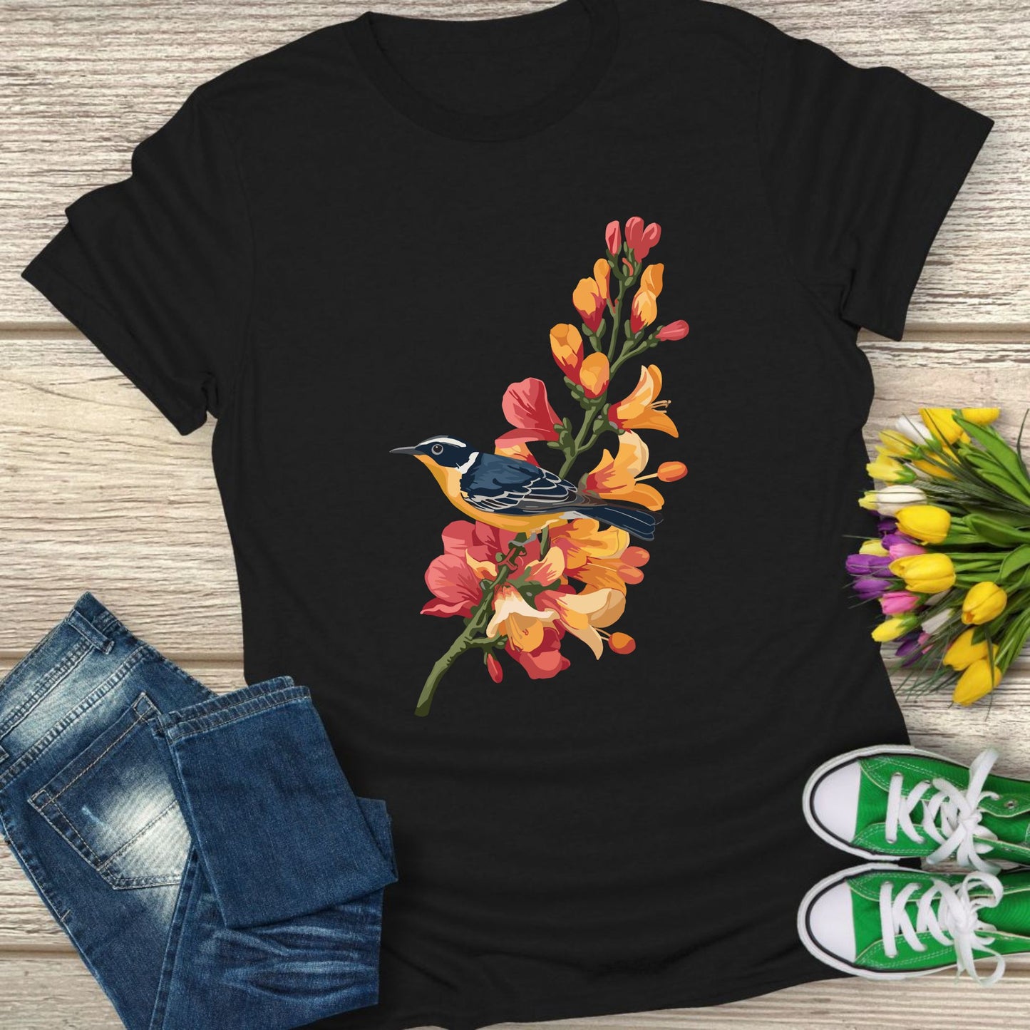 A bird silhouette floral t-shirt.