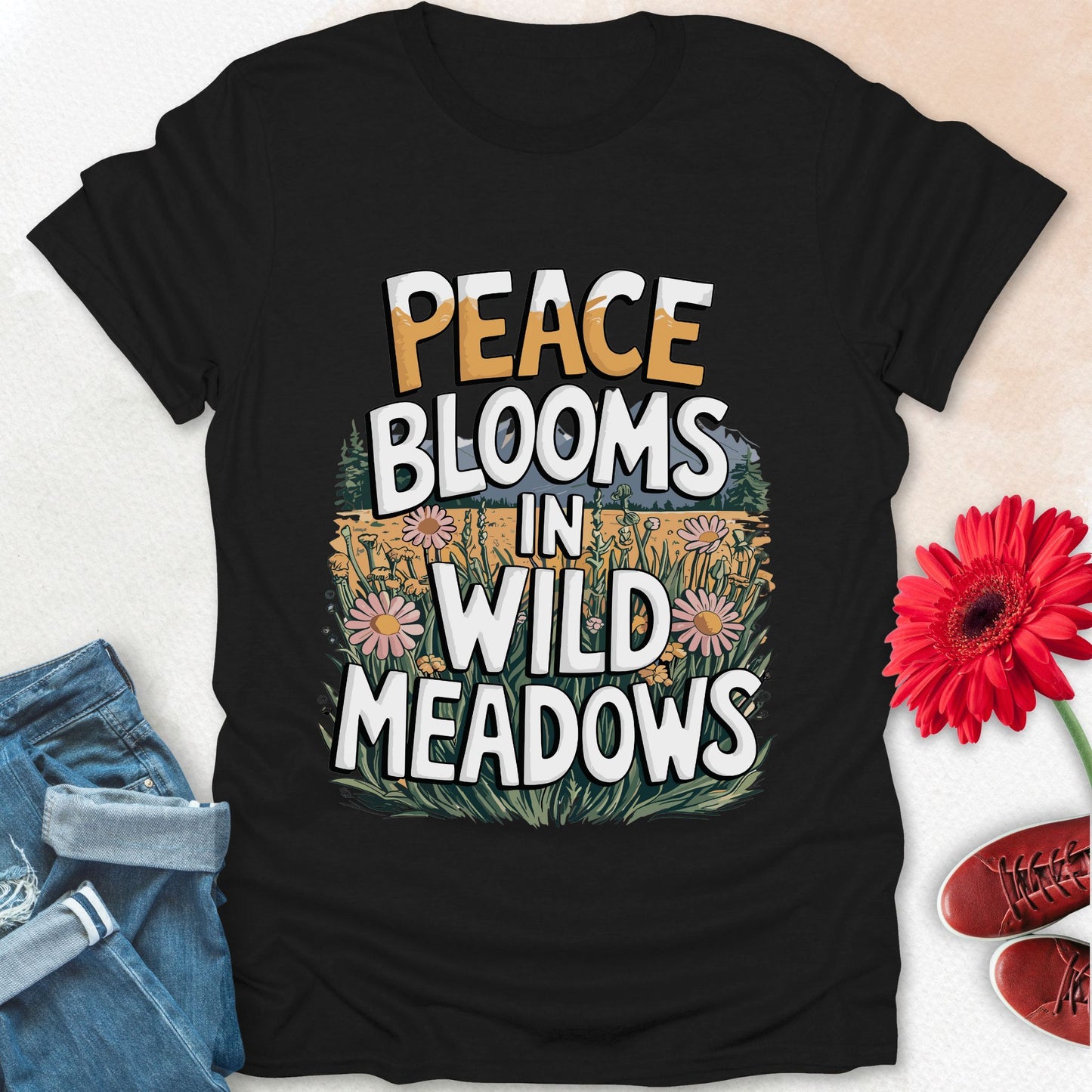 Peace blooms in a wild meadows t-shirt.