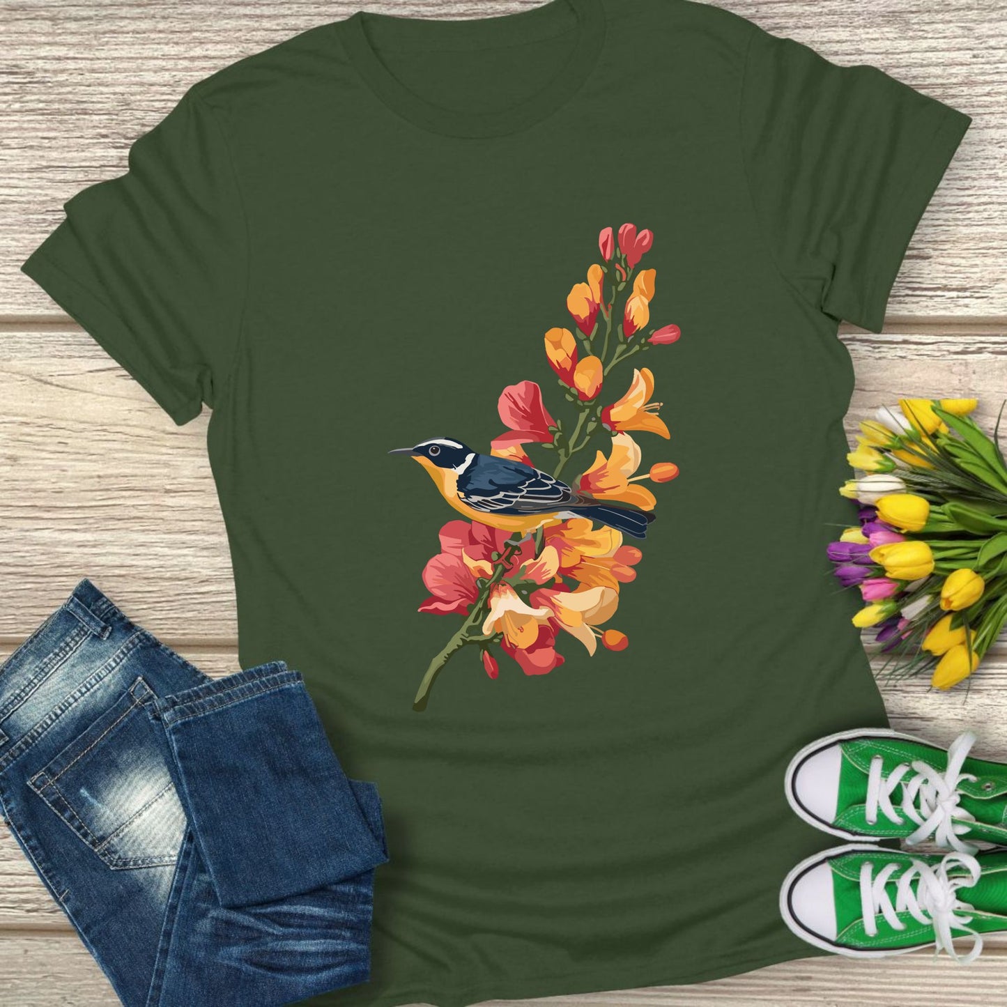 A bird silhouette floral t-shirt.