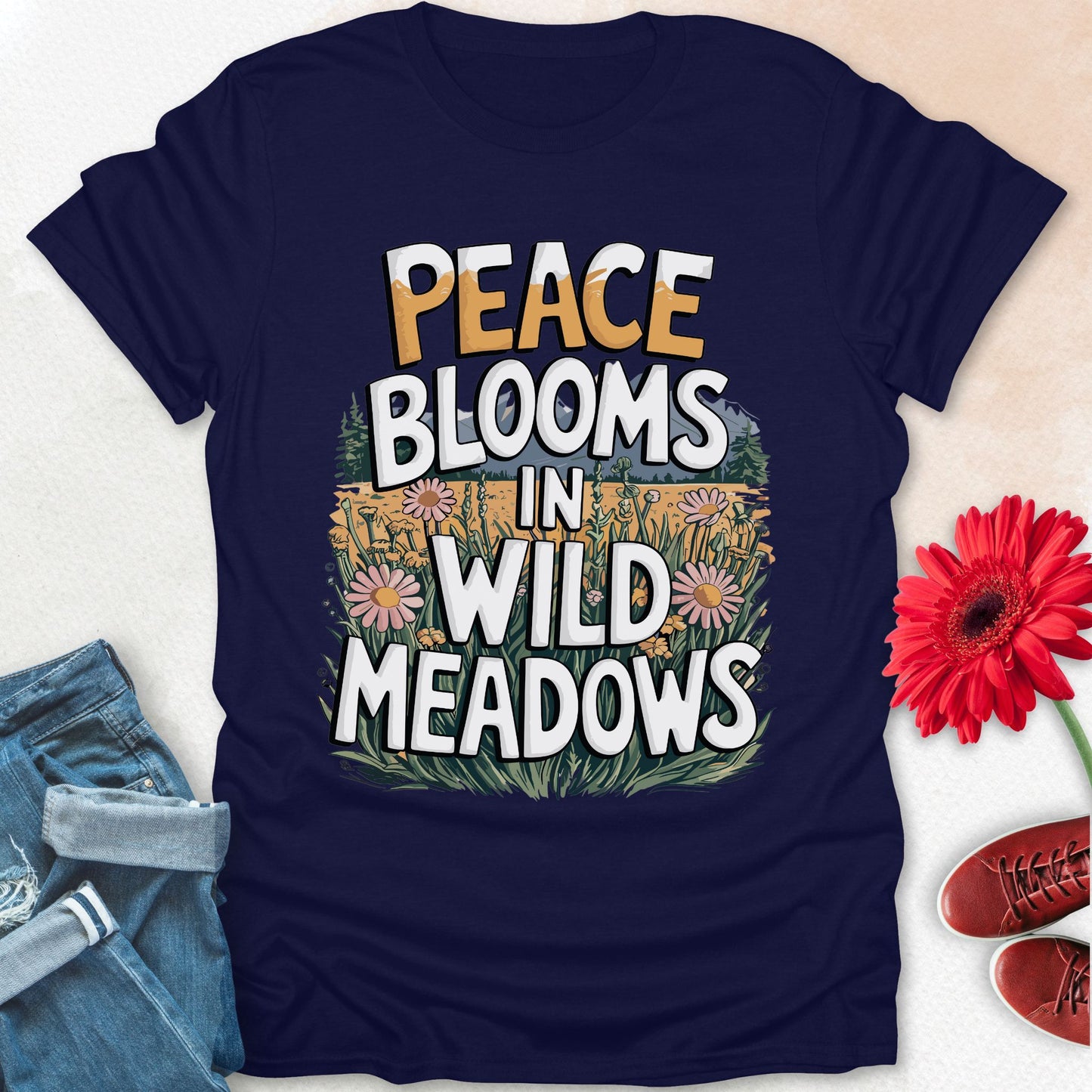 Peace blooms in a wild meadows t-shirt.