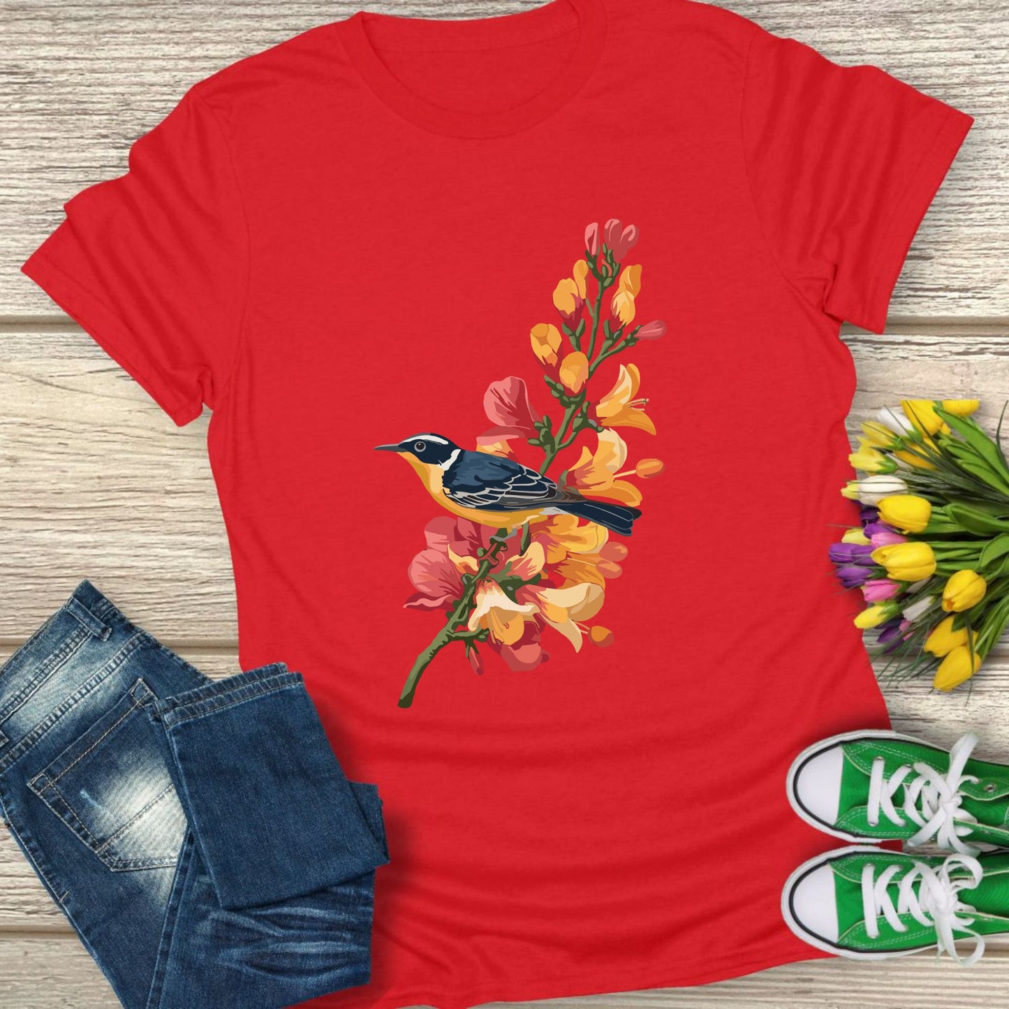 A bird silhouette floral t-shirt.