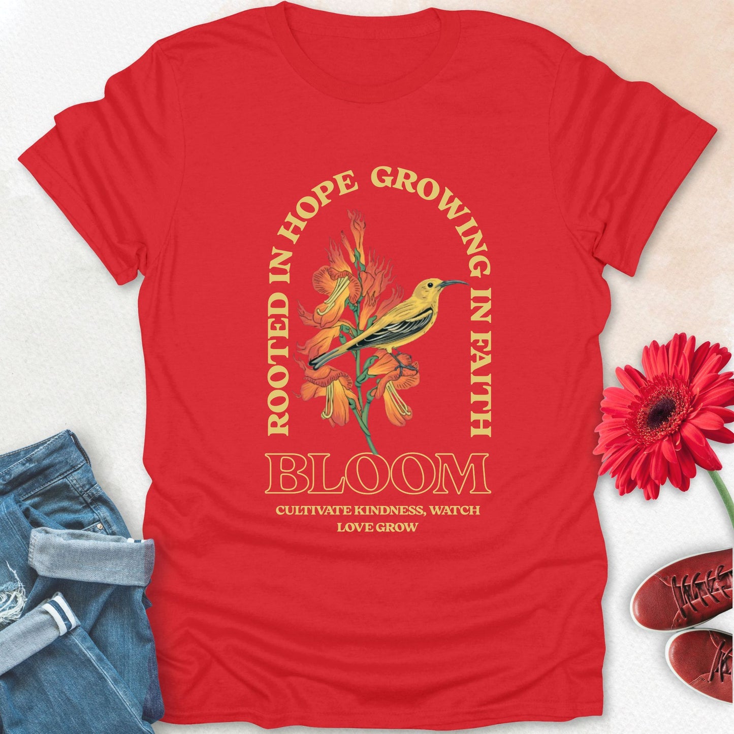 Bloom bird floral t-shirt.