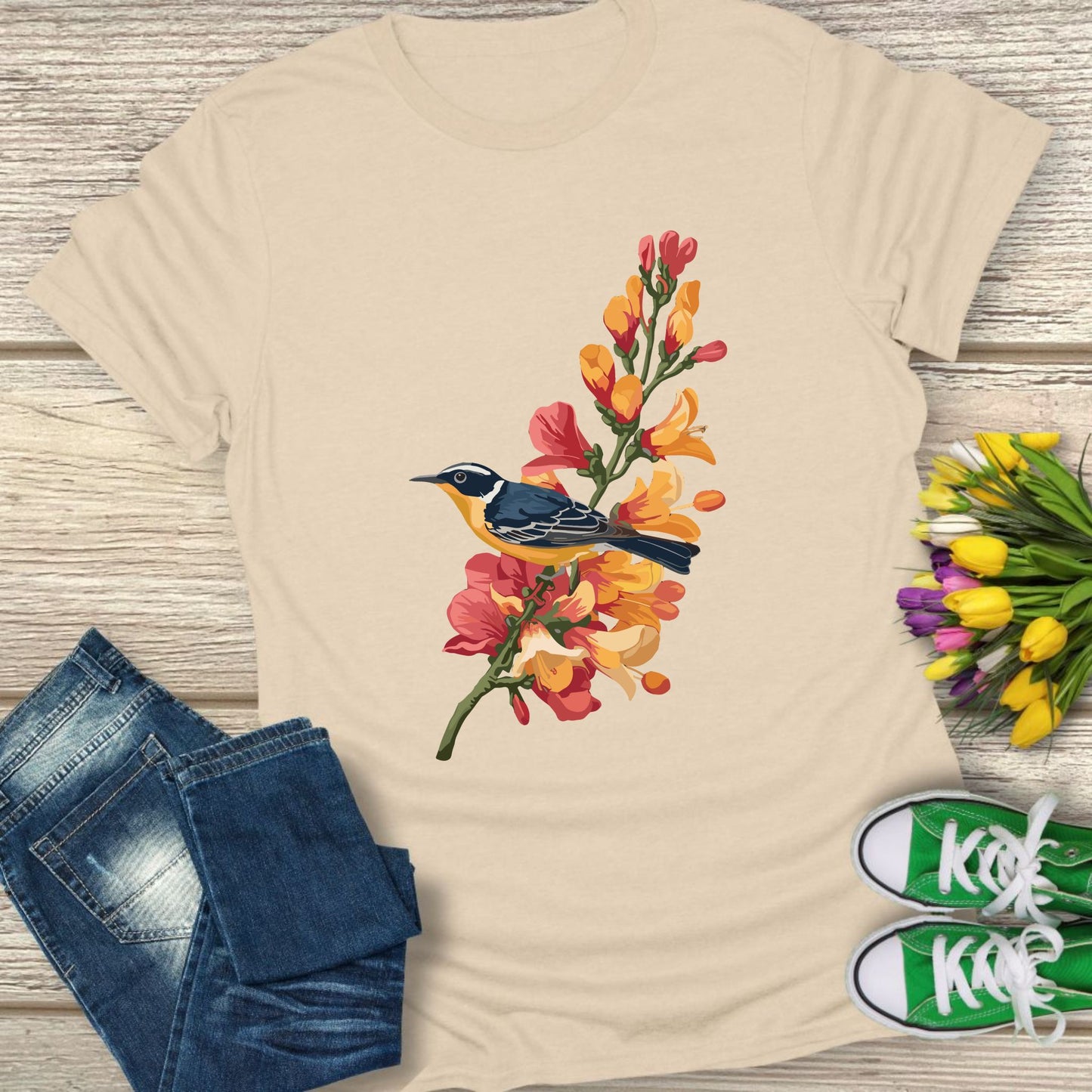 A bird silhouette floral t-shirt.