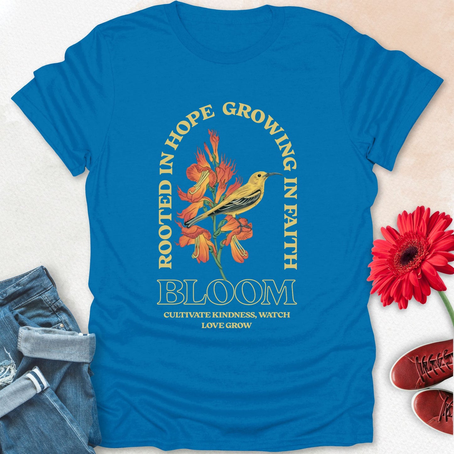 Bloom bird floral t-shirt.
