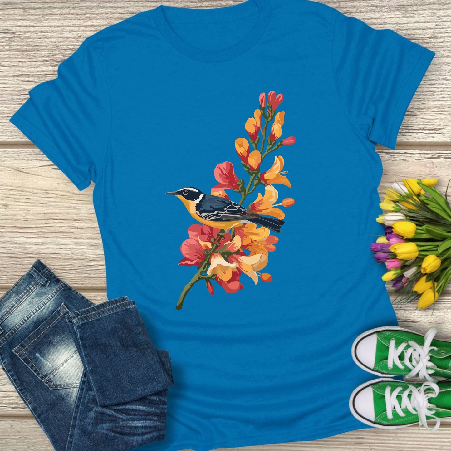 A bird silhouette floral t-shirt.