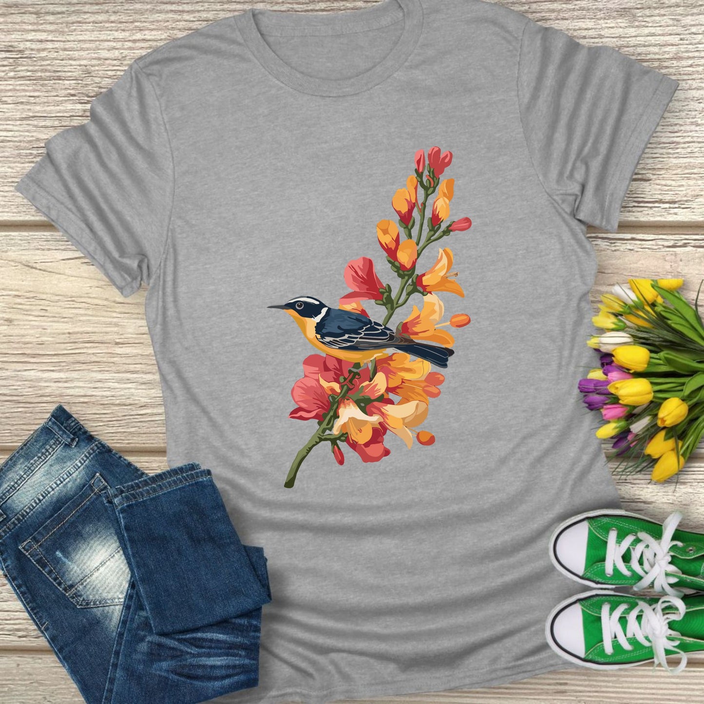 A bird silhouette floral t-shirt.